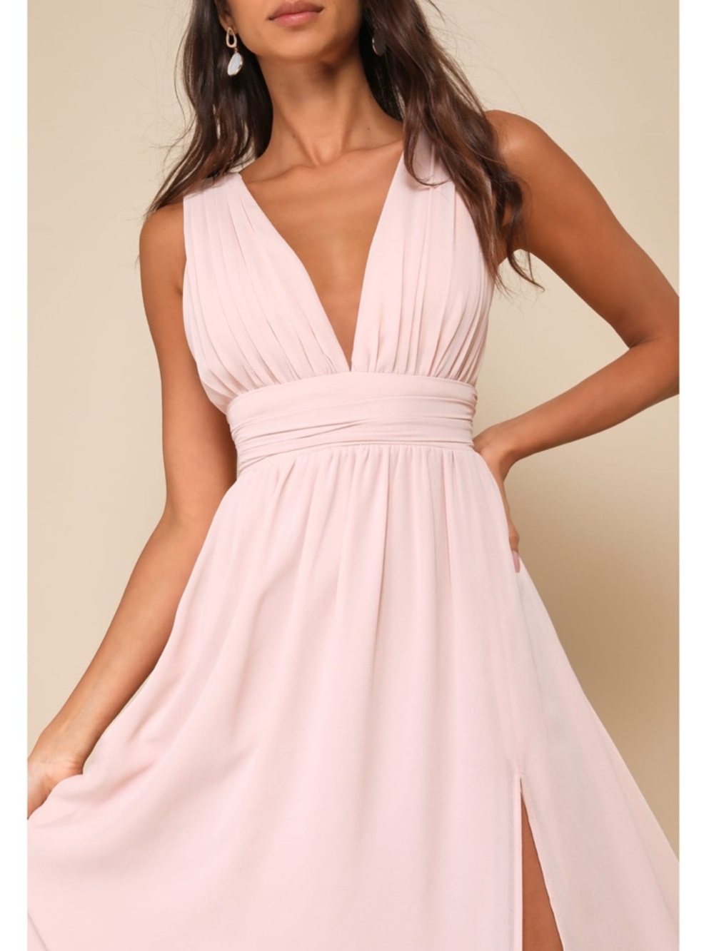 Lulus Heavenly Hues Blush Pink Chiffon V-Neck Maxi Dress NWT Large - Picture 4 of 14